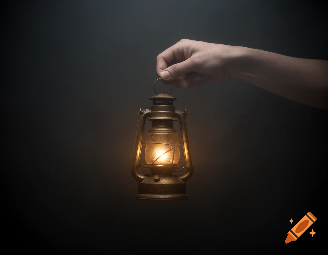 A hand holds an antique brass lantern with a warm glow in a dark, misty space, photorealistic.