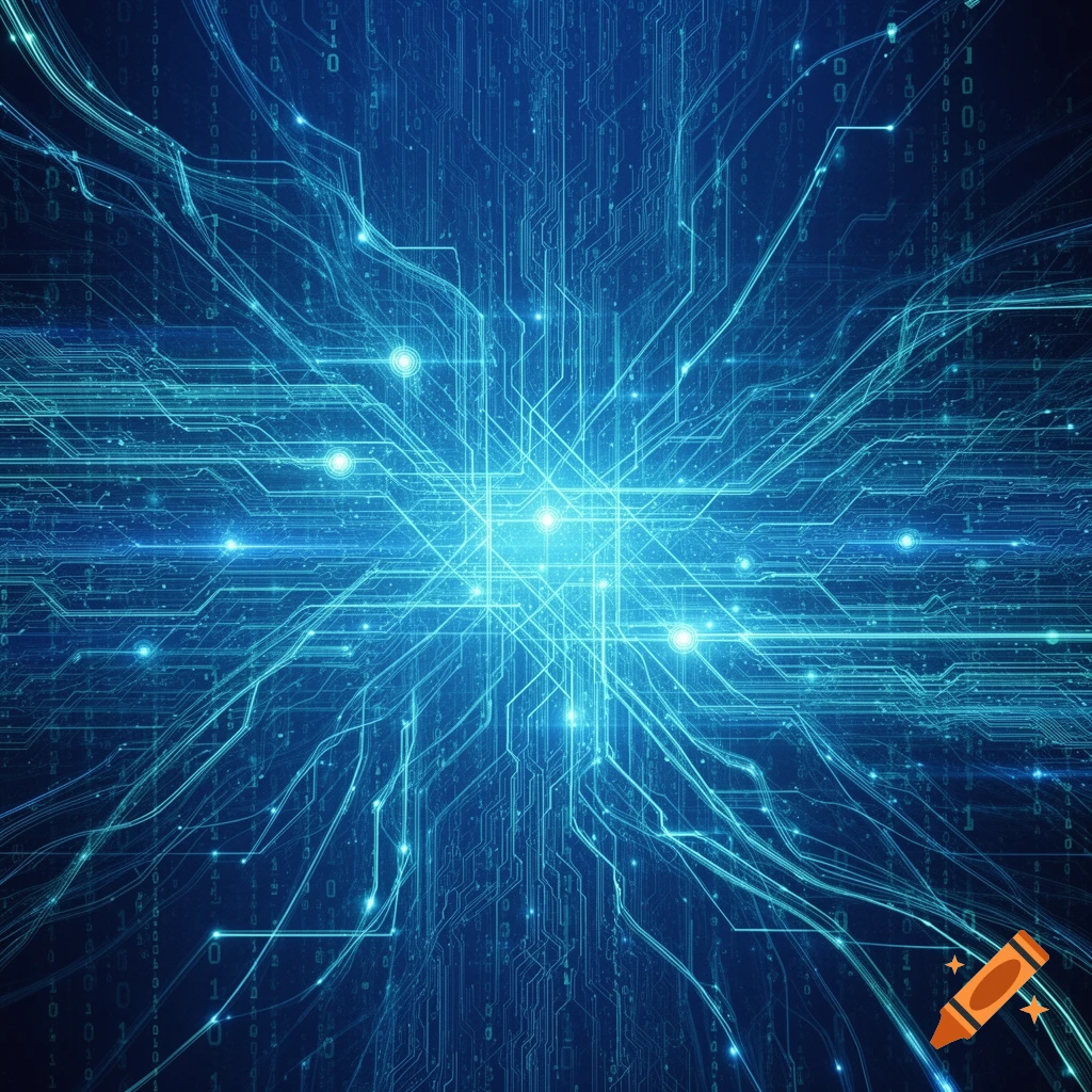 A glowing blue abstract network resembling a circuit board, with lines radiating from a central light and binary code in the background.