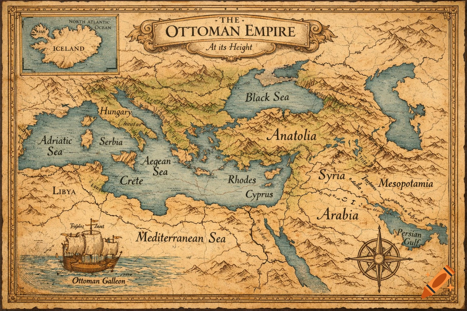 An antique-style map showing the Ottoman Empire at its height, including surrounding seas, regions like Anatolia, Syria, Arabia, and a detailed compass rose and galleon.