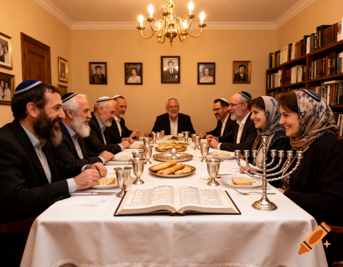 A group of Jewish men and women in traditional attire gather around a table for a festive meal, with an open book and menorah.