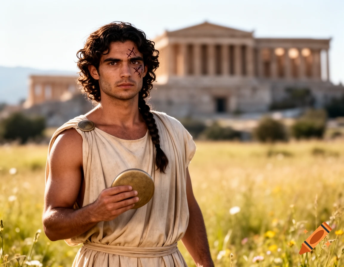 A man in ancient Greek attire with curly dark hair and a scar on his face stands in a sunny meadow holding a discus, with a temple in the background.