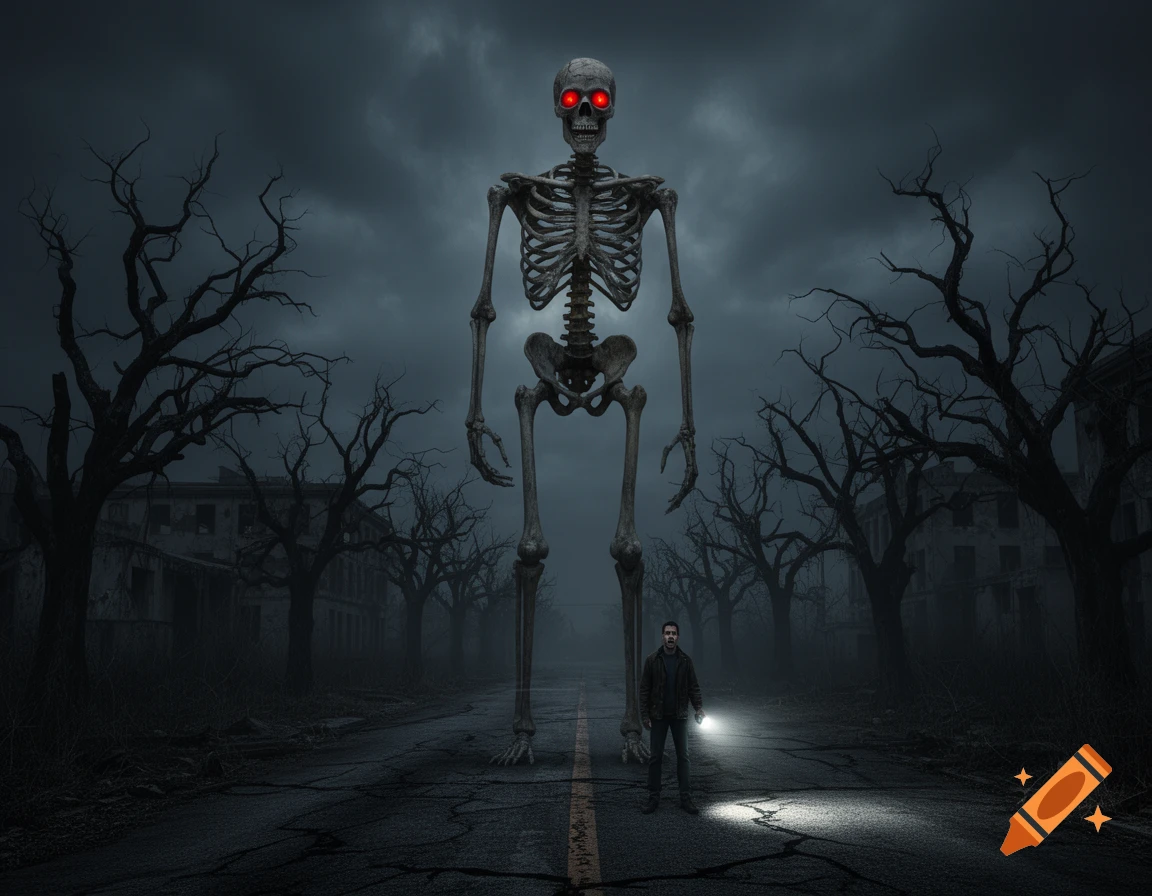 A giant skeleton with red eyes stands on a dark, cracked road next to a man holding a flashlight, surrounded by bare trees and ruins.