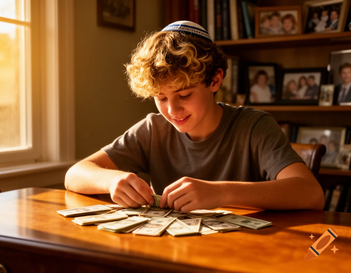 A smiling young Jewish boy with curly hair and a kippah sits at a sunlit wooden table, counting stacks of money.