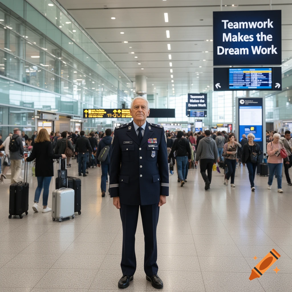 An elderly man in a dark blue uniform stands centered in a busy airport terminal, with overhead signs reading "Teamwork Makes the Dream Work".
