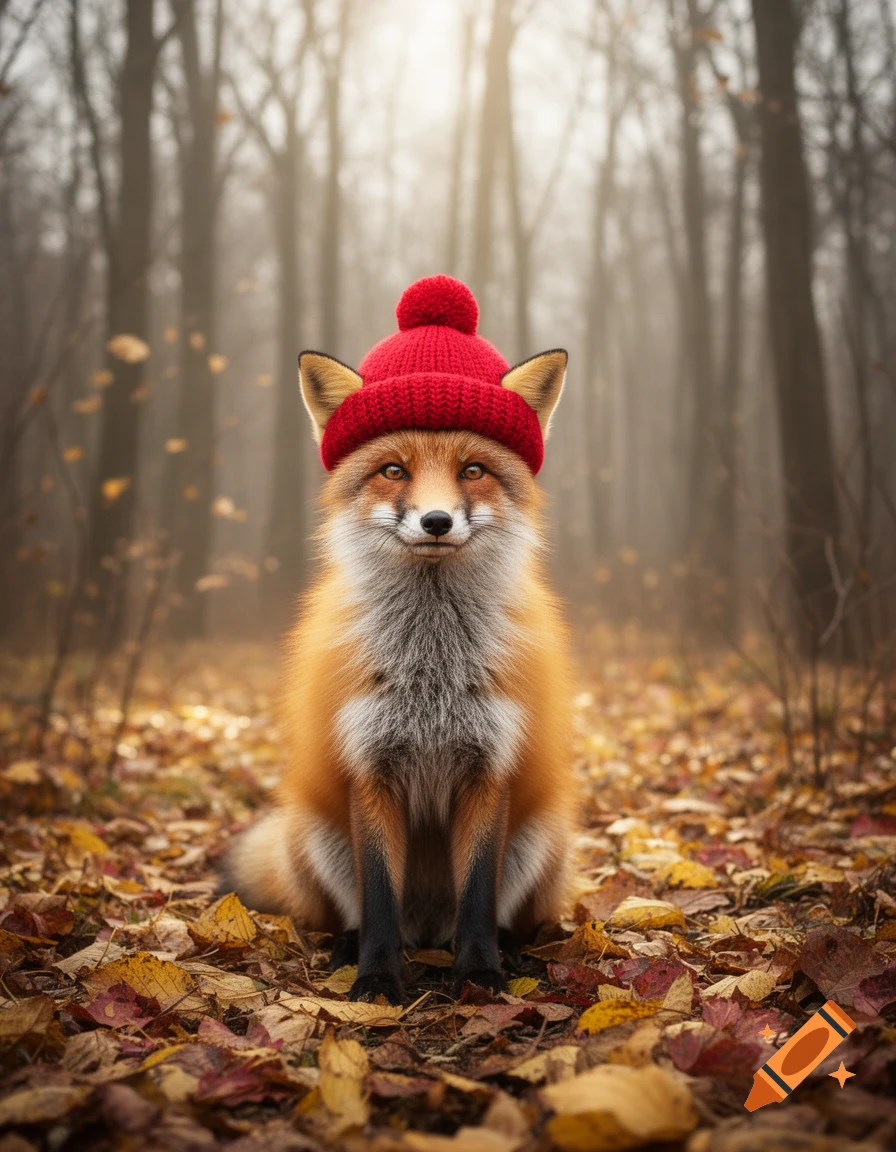 A photorealistic fox wearing a red beanie hat sits among fallen autumn leaves in a misty forest.
