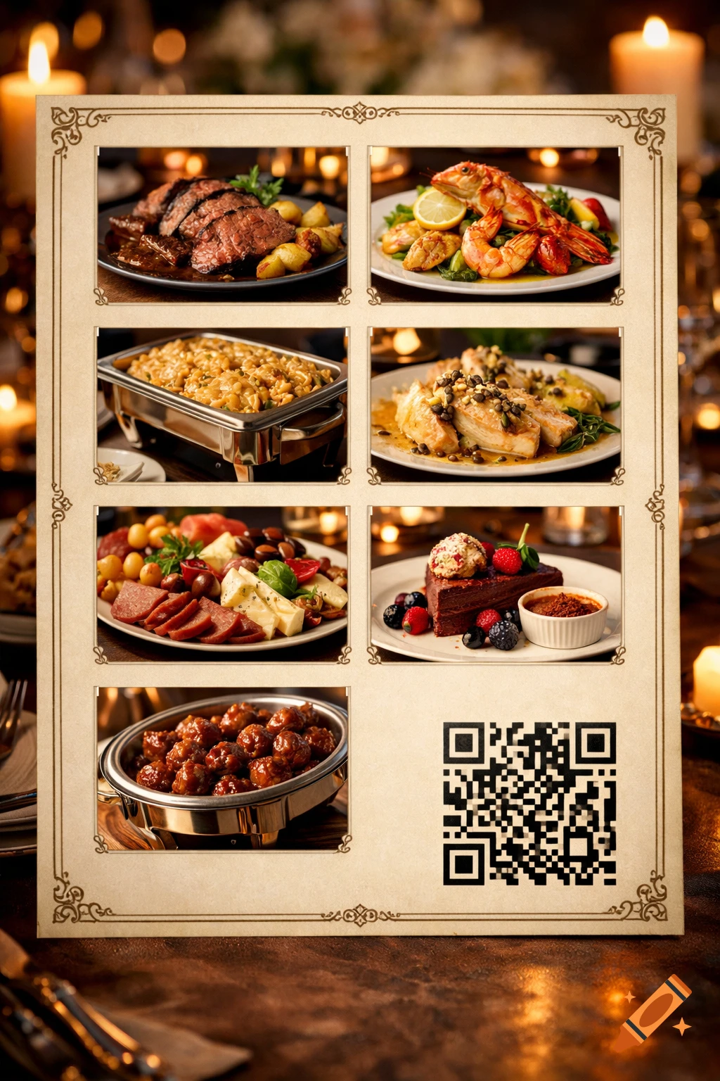 A catered menu card displays seven different dishes like steak, shrimp, pasta, and charcuterie, alongside a QR code.