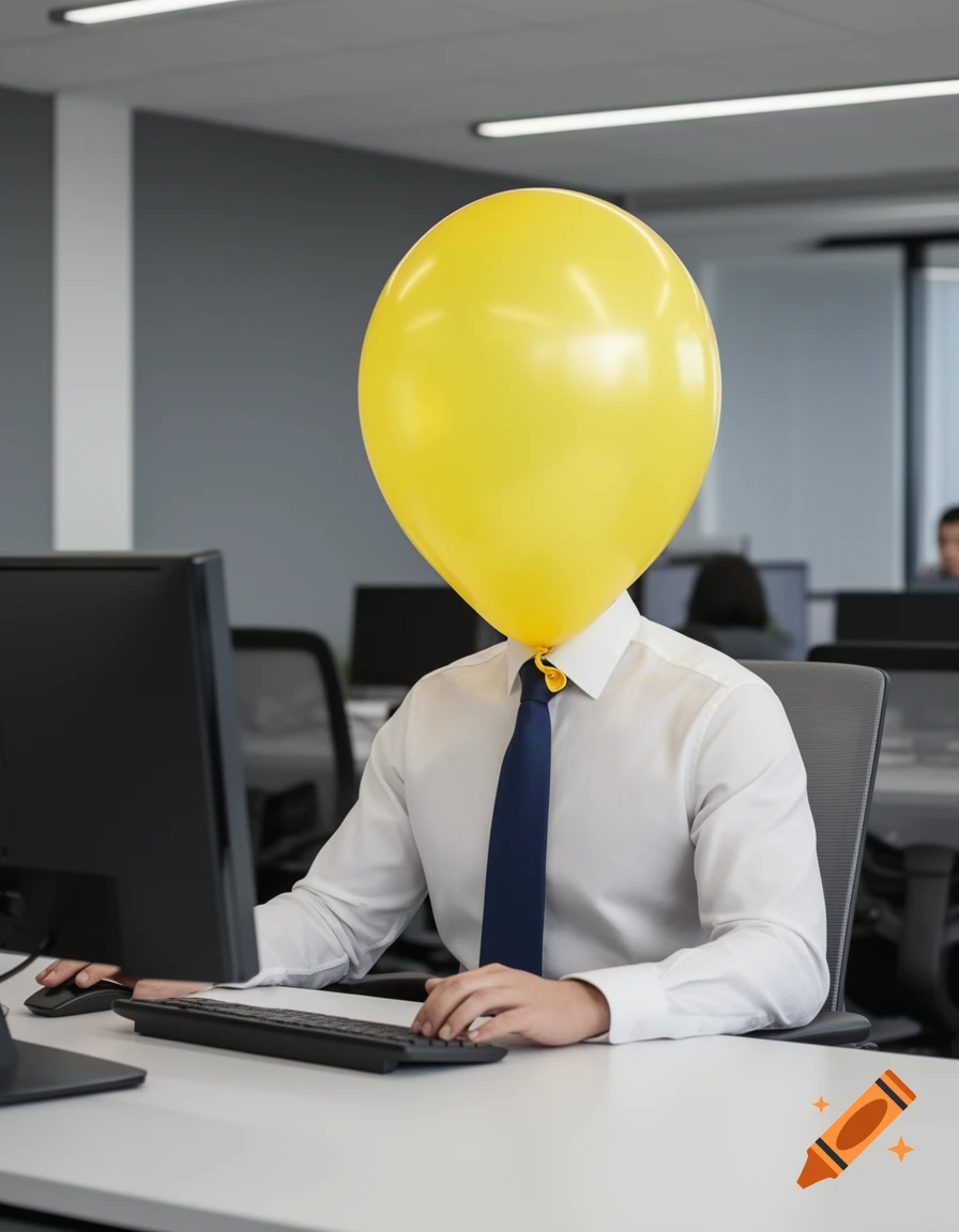 Photorealistic image of a person with a yellow balloon head, sitting at an office desk and typing on a computer.