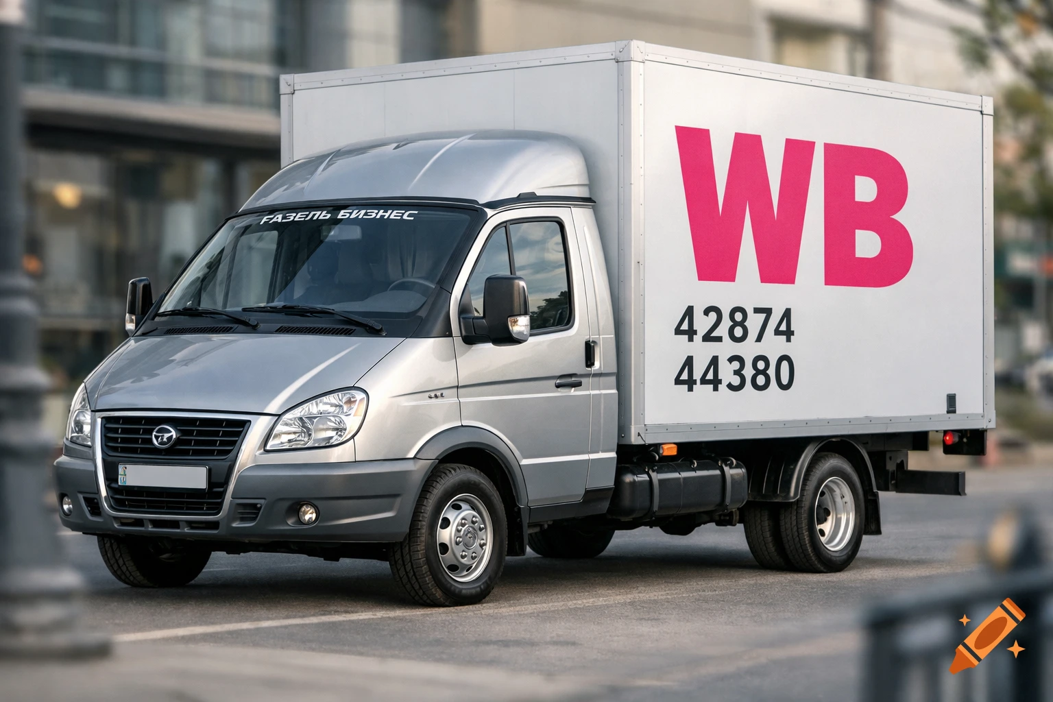 A silver Gazelle Business delivery truck with a white cargo box featuring a pink 'WB' logo and numbers '42874' and '44380' is parked on a street.