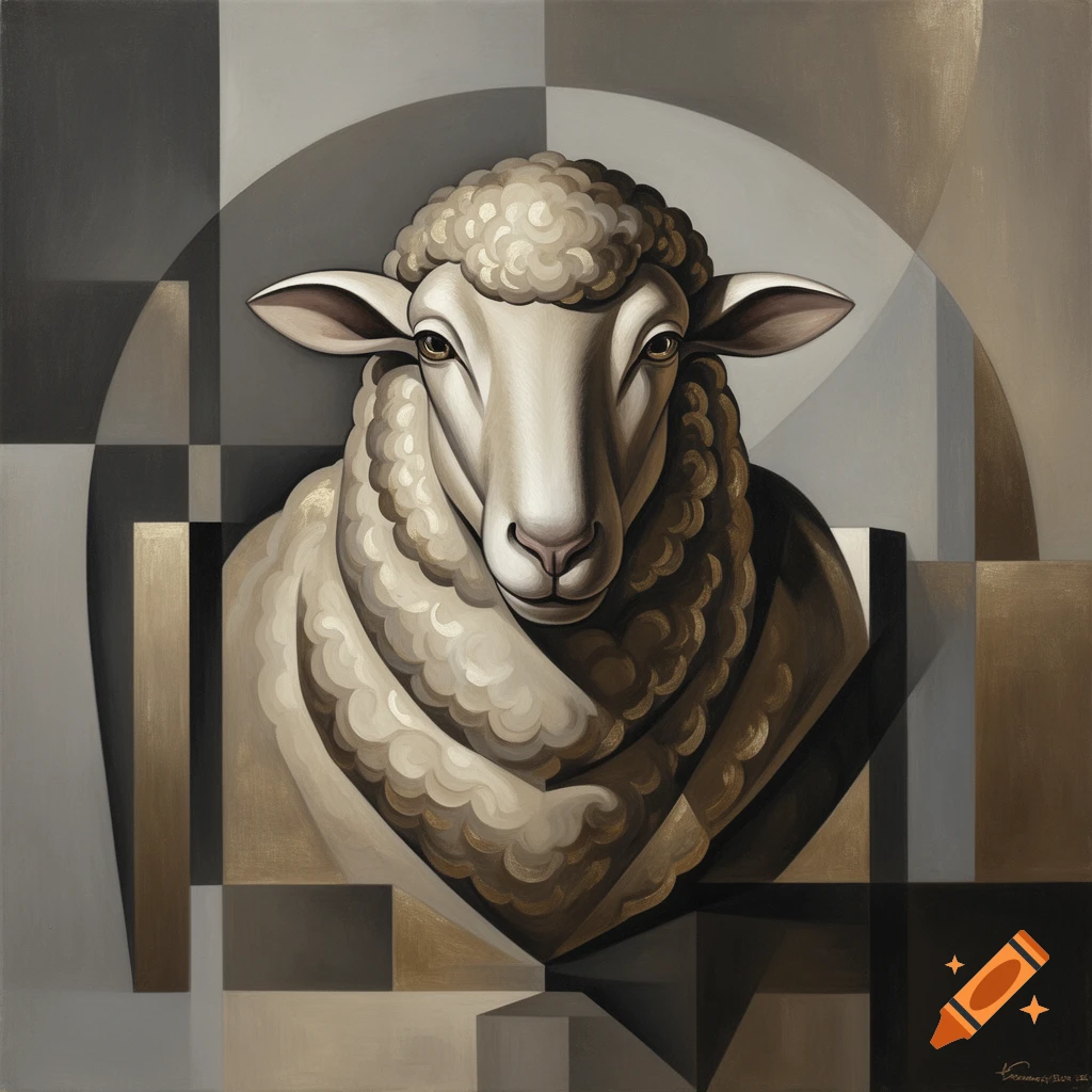 Cubist painting of a sheep bust looking forward, in muted tones of cream, brown, and gray.