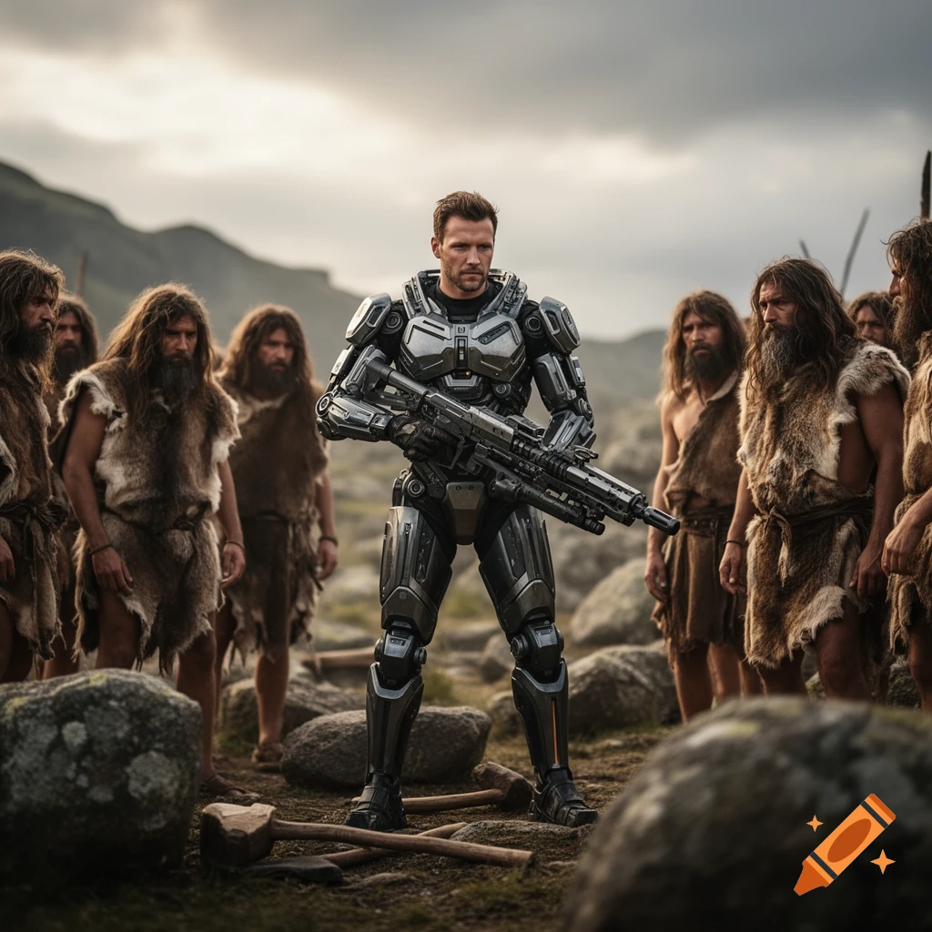 Photorealistic man in futuristic power armor with a rifle, among primitive men in animal skins in a rocky landscape.