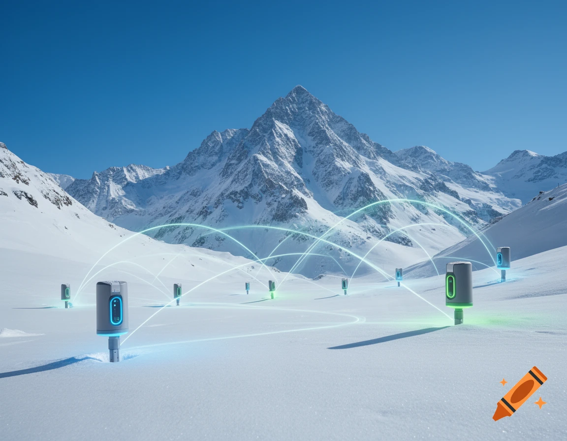 Network of glowing sensors communicating across a snowy mountain landscape.
