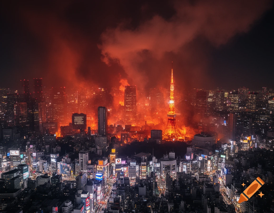 Aerial view of Tokyo city at night, with a large portion engulfed in massive red flames and smoke.