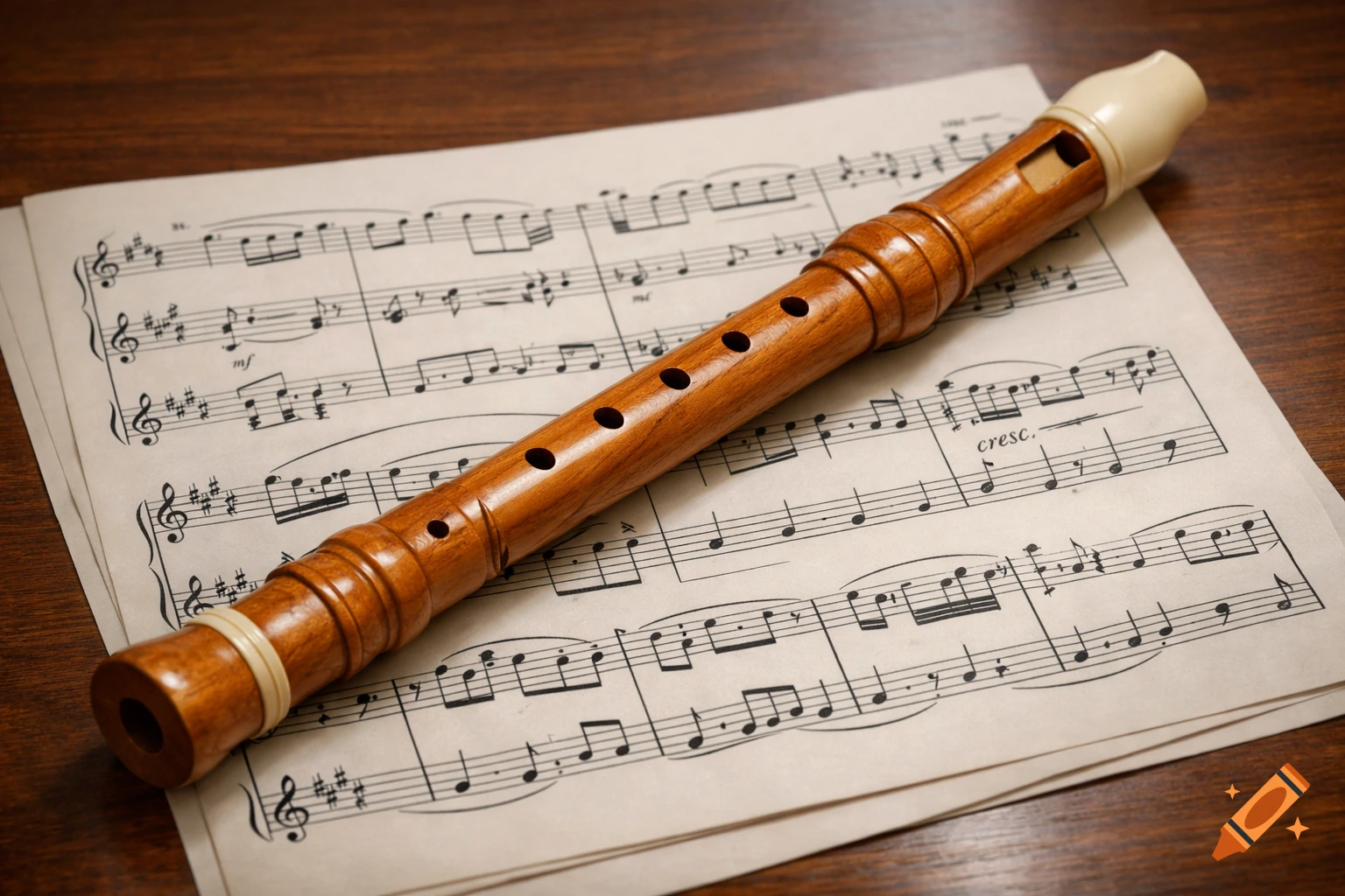 A brown wooden recorder with a cream-colored mouthpiece lies diagonally across a stack of sheet music on a wooden surface.