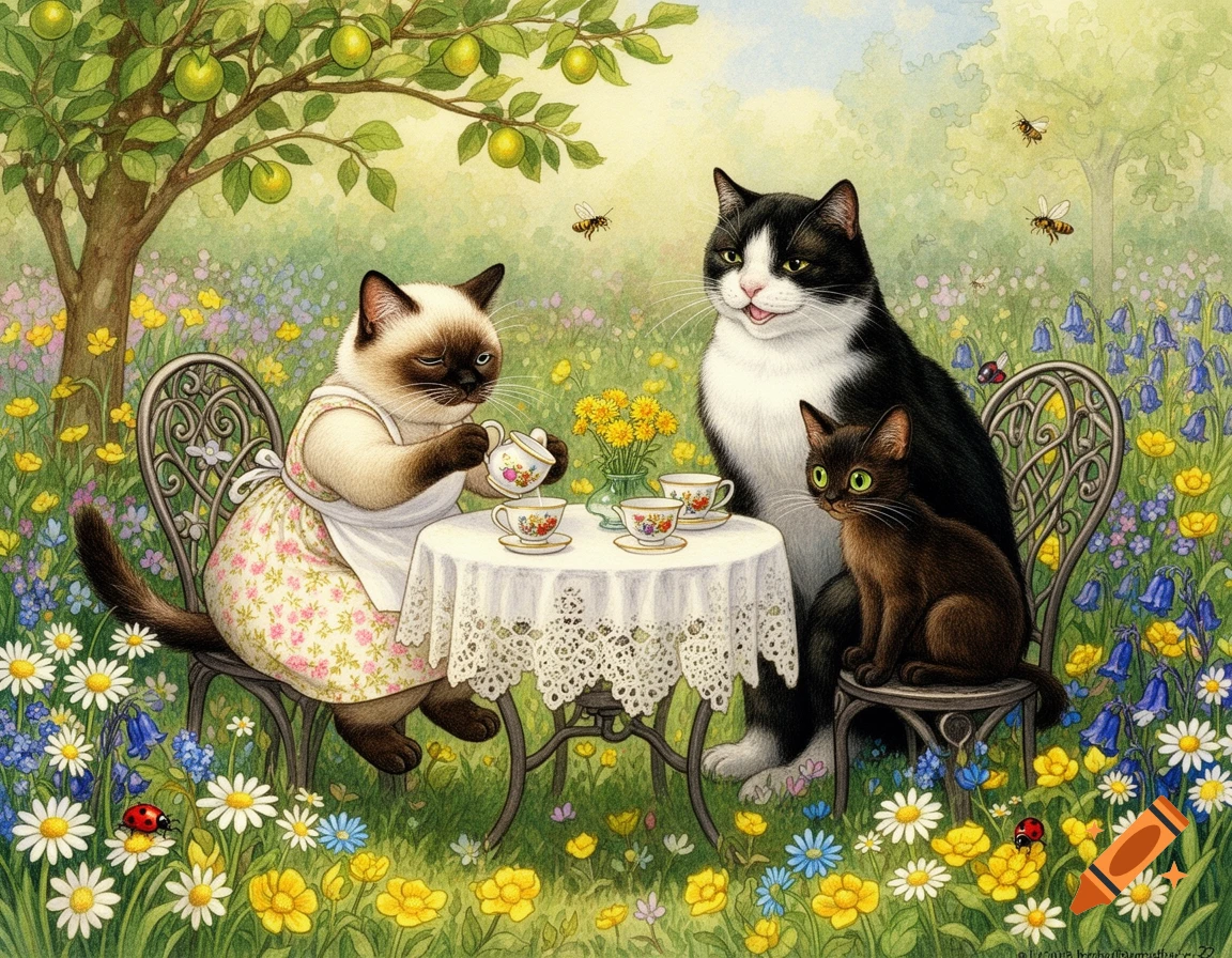 Three whimsical cats have a tea party in a sunny, flower-filled garden under a fruit tree, in an illustrated style.