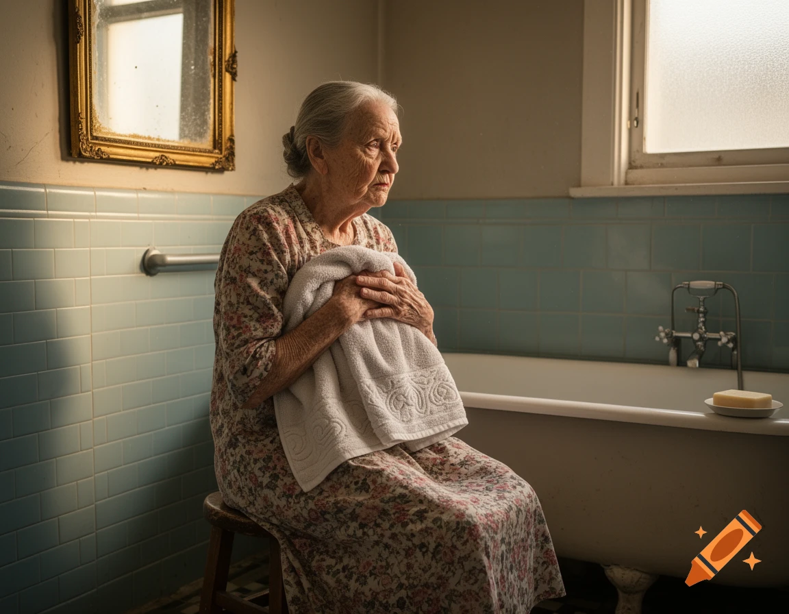 An elderly woman sits on a stool in a bathroom, holding a towel, looking to the side. A bathtub and mirror are visible.