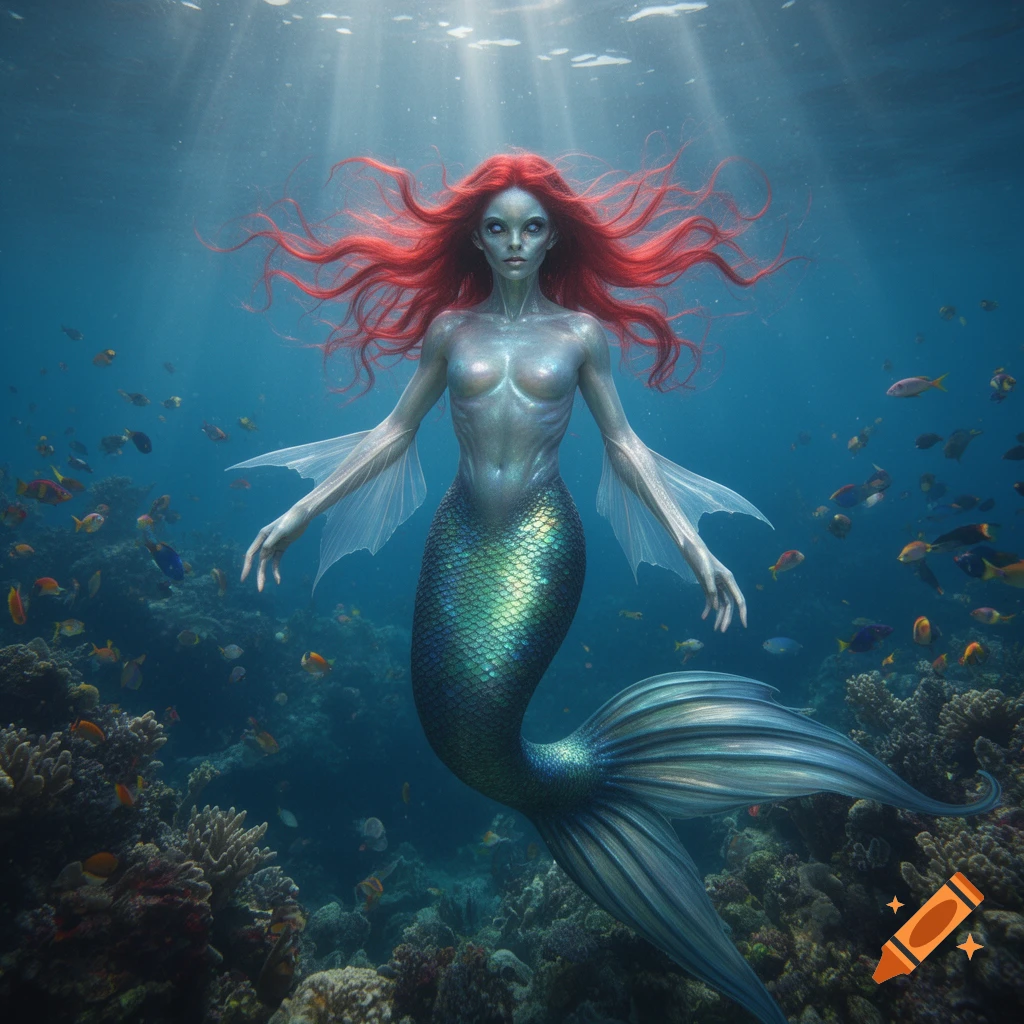Photorealistic alien mermaid with red hair, silvery skin, and a green-blue tail swims in a vibrant coral reef with fish and sun rays.