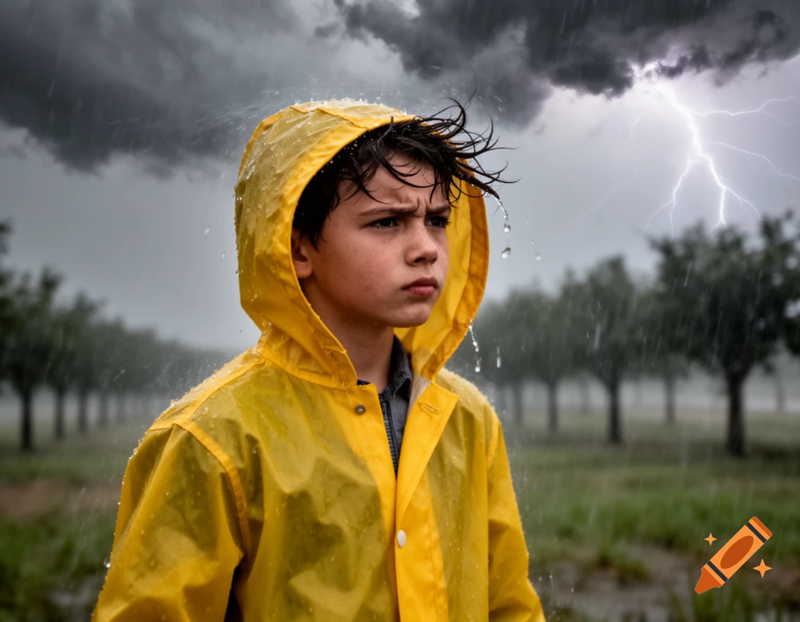 A boy in a yellow rain slicker stands in heavy rain during a thunderstorm with lightning.