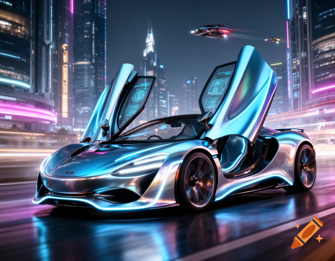 A futuristic metallic blue and silver sports car with neon glow accents, open doors revealing holographic screens, on a wet city street at night.