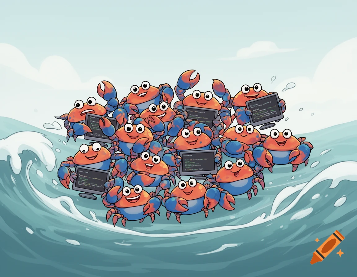 A cartoon illustration shows many orange and blue crabs with big eyes floating on ocean waves, each holding a small computer monitor displaying garbled code.