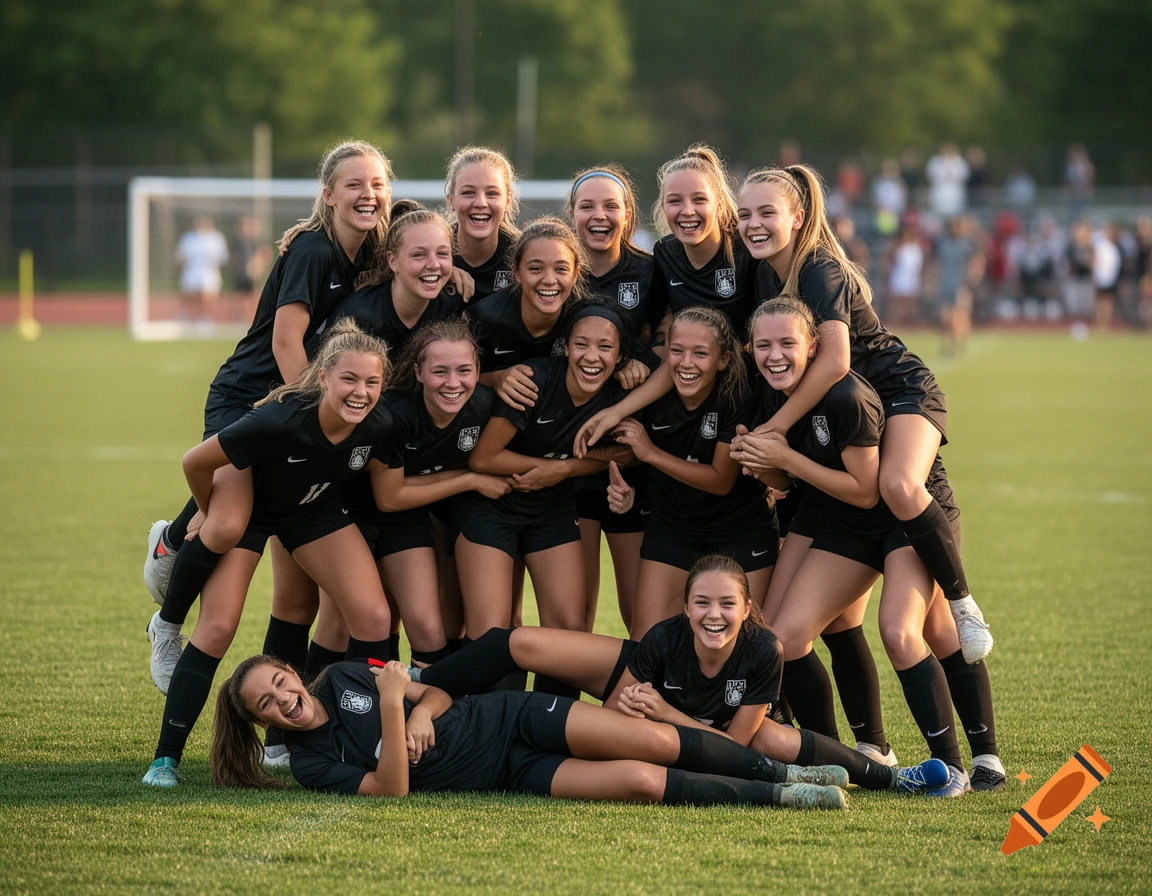 A high school girls' soccer team in black uniforms poses playfully on a green field, with some girls piggybacking or being carried, all smiling and laughing in a hyperrealistic style.