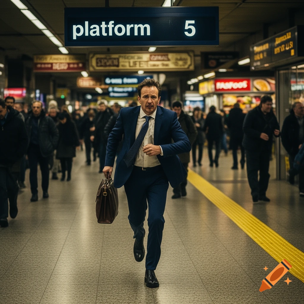 A man in a blue suit and tie runs through a busy train station, carrying a briefcase. A sign above reads "platform 5".