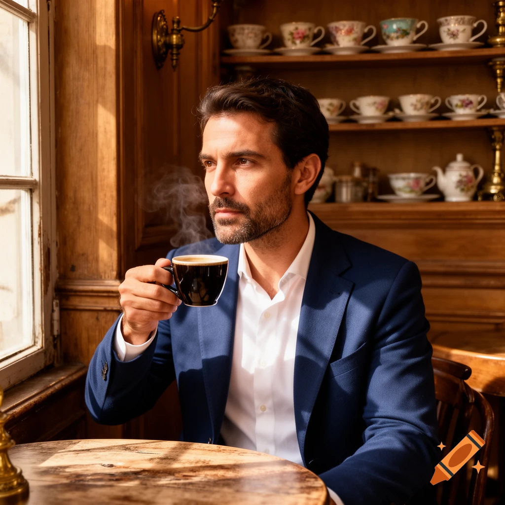 A stylish man in a blue suit drinks a steaming cup of coffee in a sunlit cafe, looking out a window.