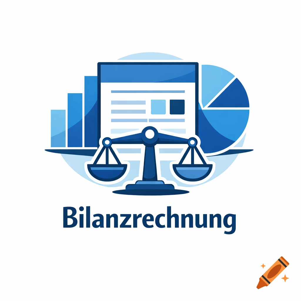 Blue icon with a balance scale, bar graphs, a document, and a pie chart, text 'Bilanzrechnung' below.