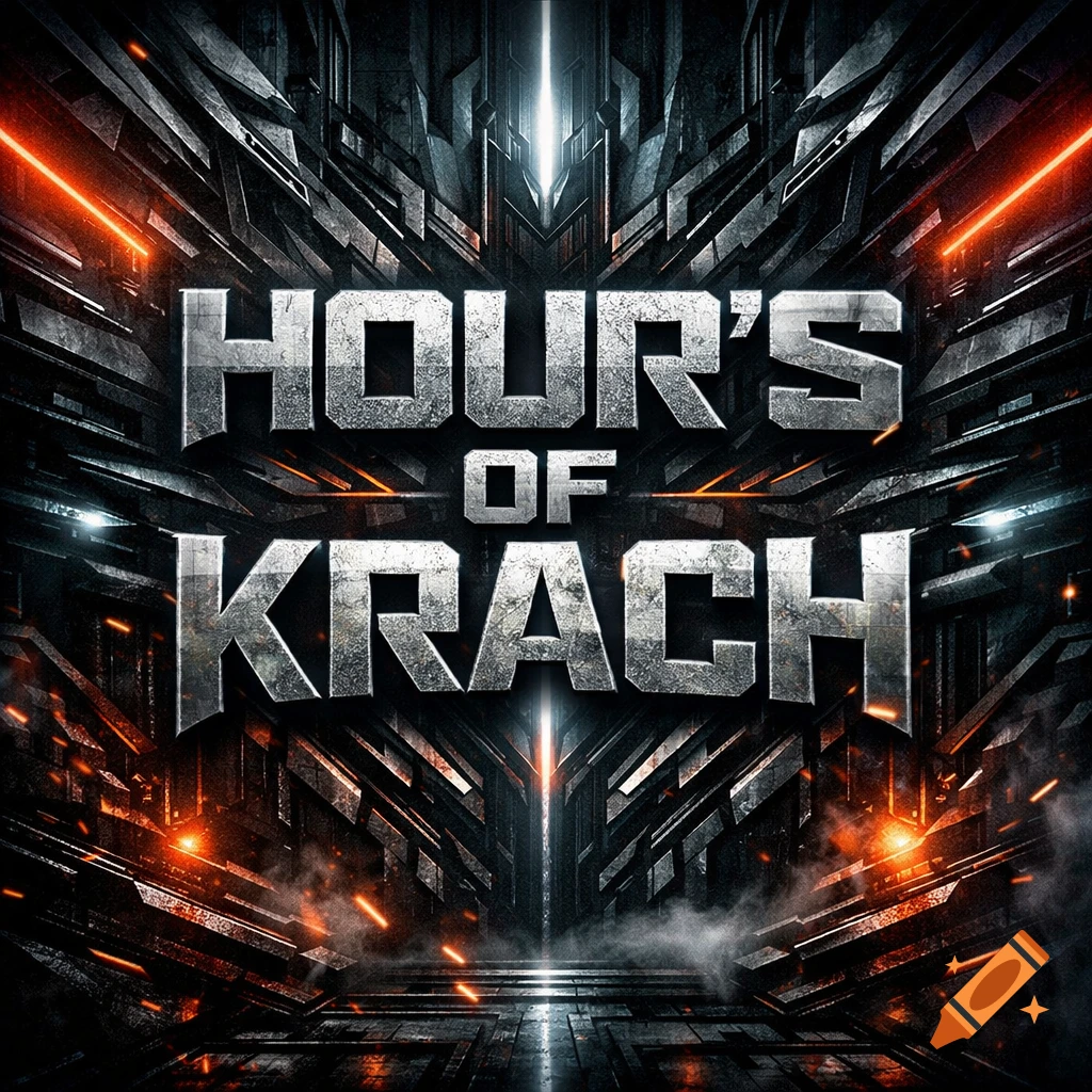 Metallic, futuristic album cover with bold text "HOUR'S OF KRACH" on a dark, industrial background with orange lights and smoke.