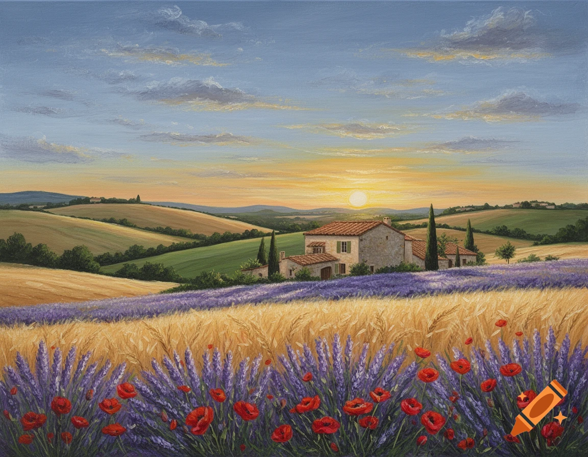 Acrylic painting of a stone farmhouse nestled in rolling wheat and lavender fields with red poppies at sunset.