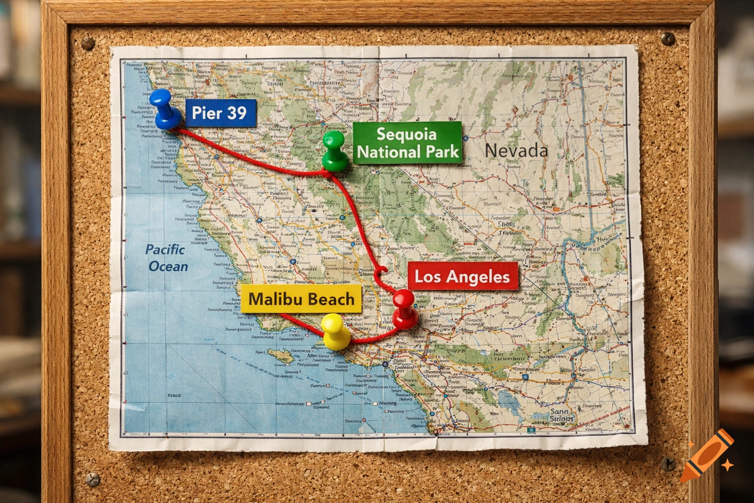 A detailed map of California pinned to a cork board, with a red string connecting pushpins at Pier 39, Sequoia National Park, Malibu Beach, and Los Angeles.