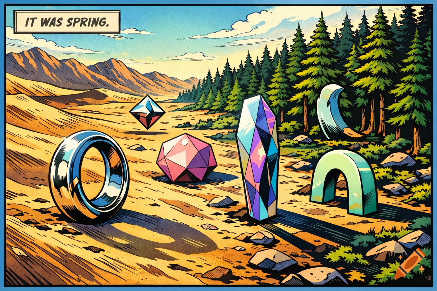 A comic book style landscape with a desert foreground featuring geometric sculptures, fir trees, and mountains. Text reads, "IT WAS SPRING."