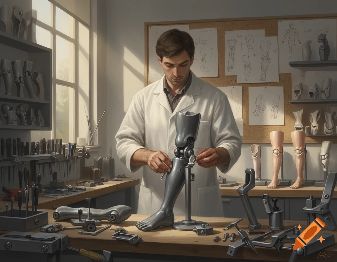 A man in a white lab coat meticulously works on a prosthetic leg in a sunlit workshop filled with tools, parts, and anatomical drawings.