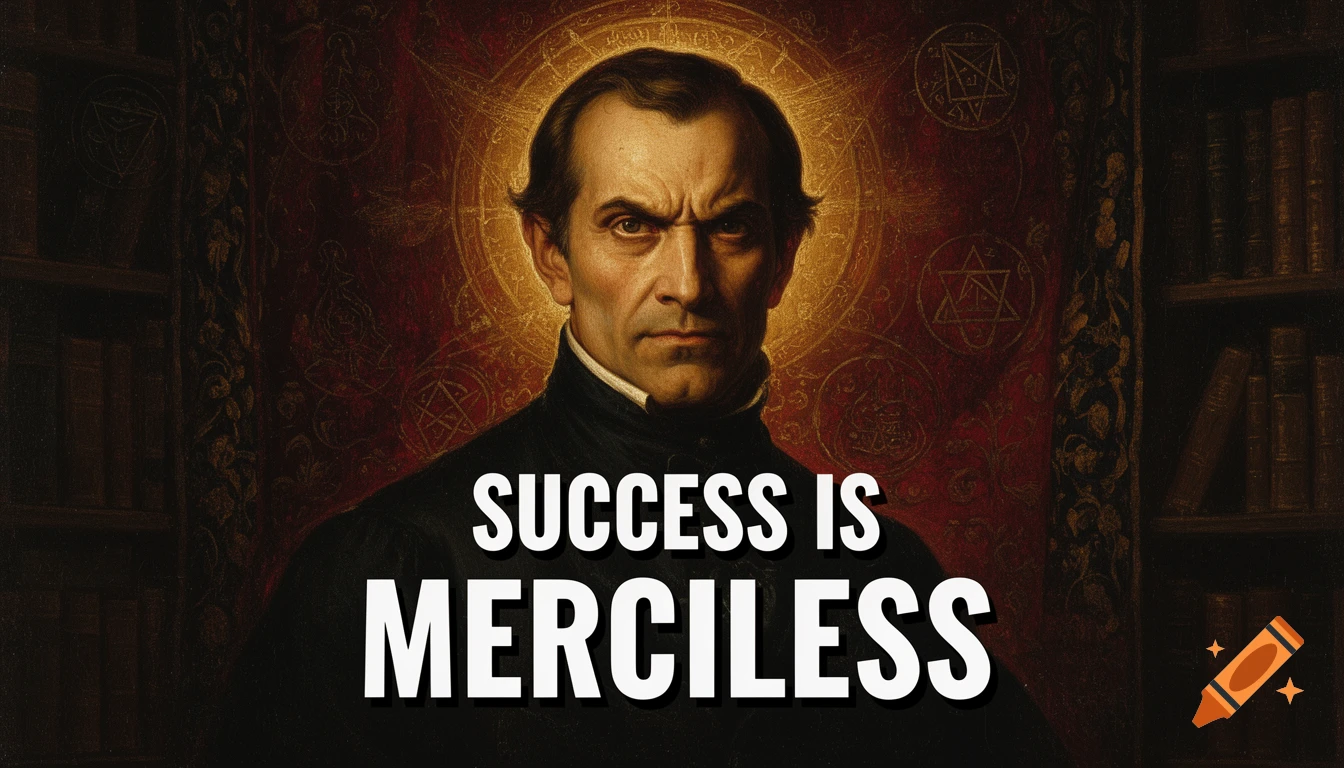 A stern man in a dark Renaissance style oil painting, glowing behind his head, surrounded by esoteric symbols and books, with the text "SUCCESS IS MERCYLESS".