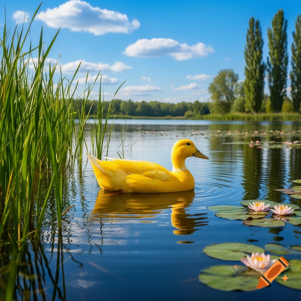 A bright yellow duck swims peacefully in a blue lake among green reeds and pink water lilies under a clear sky.