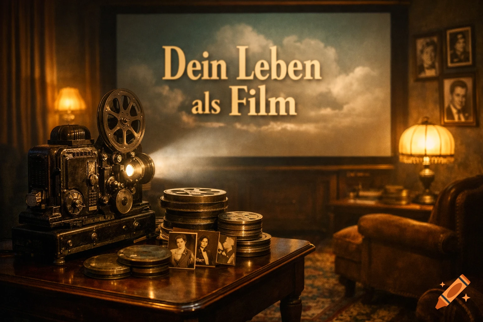 A vintage movie projector on a wooden table, casting light onto a screen displaying "Dein Leben als Film" (Your Life as a Film). Film reels and old photos are next to the projector in a dimly lit, cozy room.