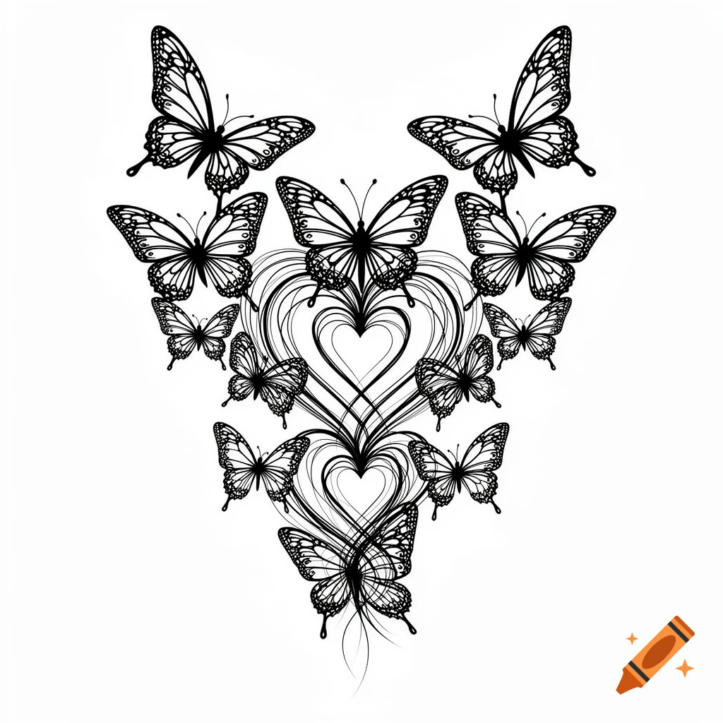 A black and white outline design featuring multiple butterflies integrated with intertwined hearts.