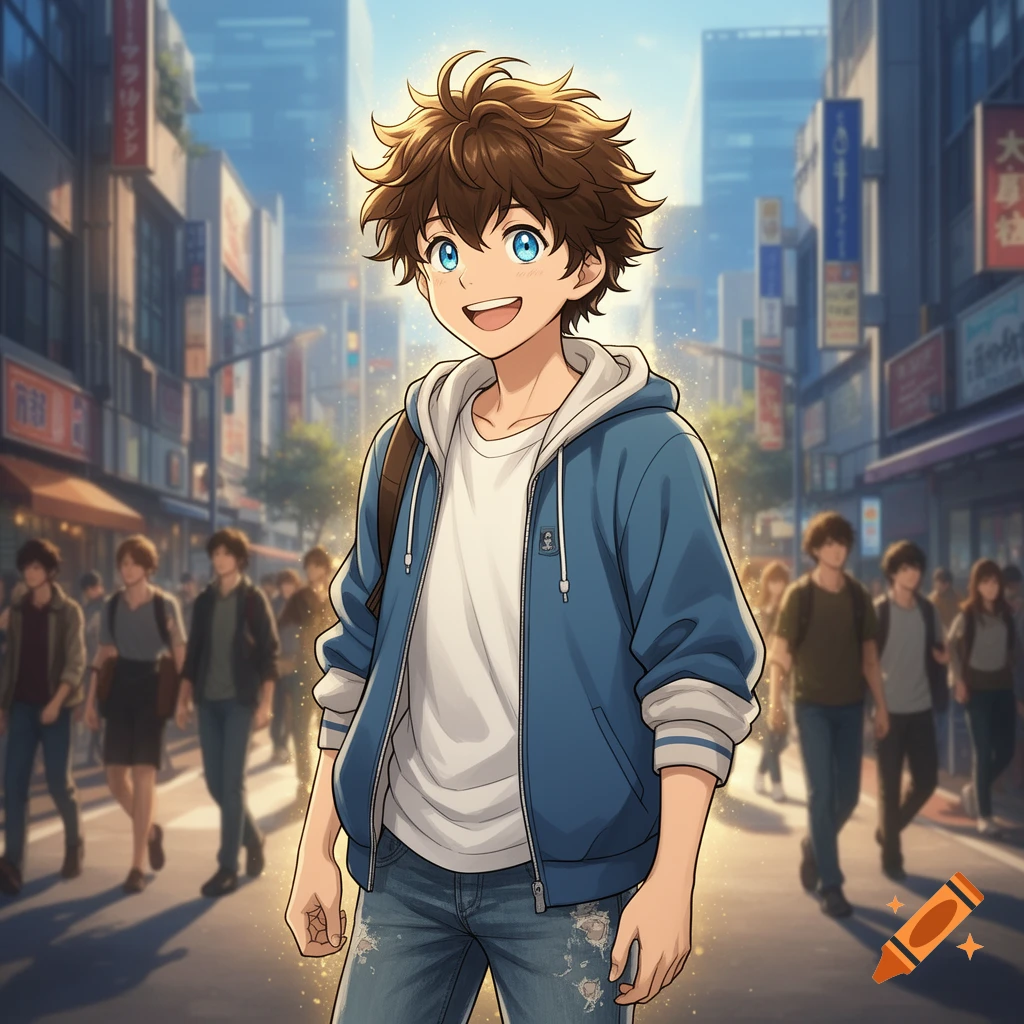 Smiling anime boy with spiky brown hair and blue eyes, wearing a blue hoodie and jeans, standing on a bustling city street.
