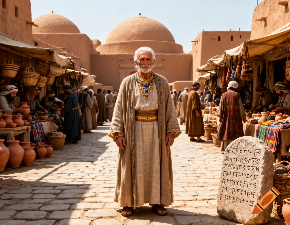 An elderly man in ancient robes and ornate blue and gold jewelry stands in a bustling Mesopotamian-style market with clay buildings, vendors, and pottery.