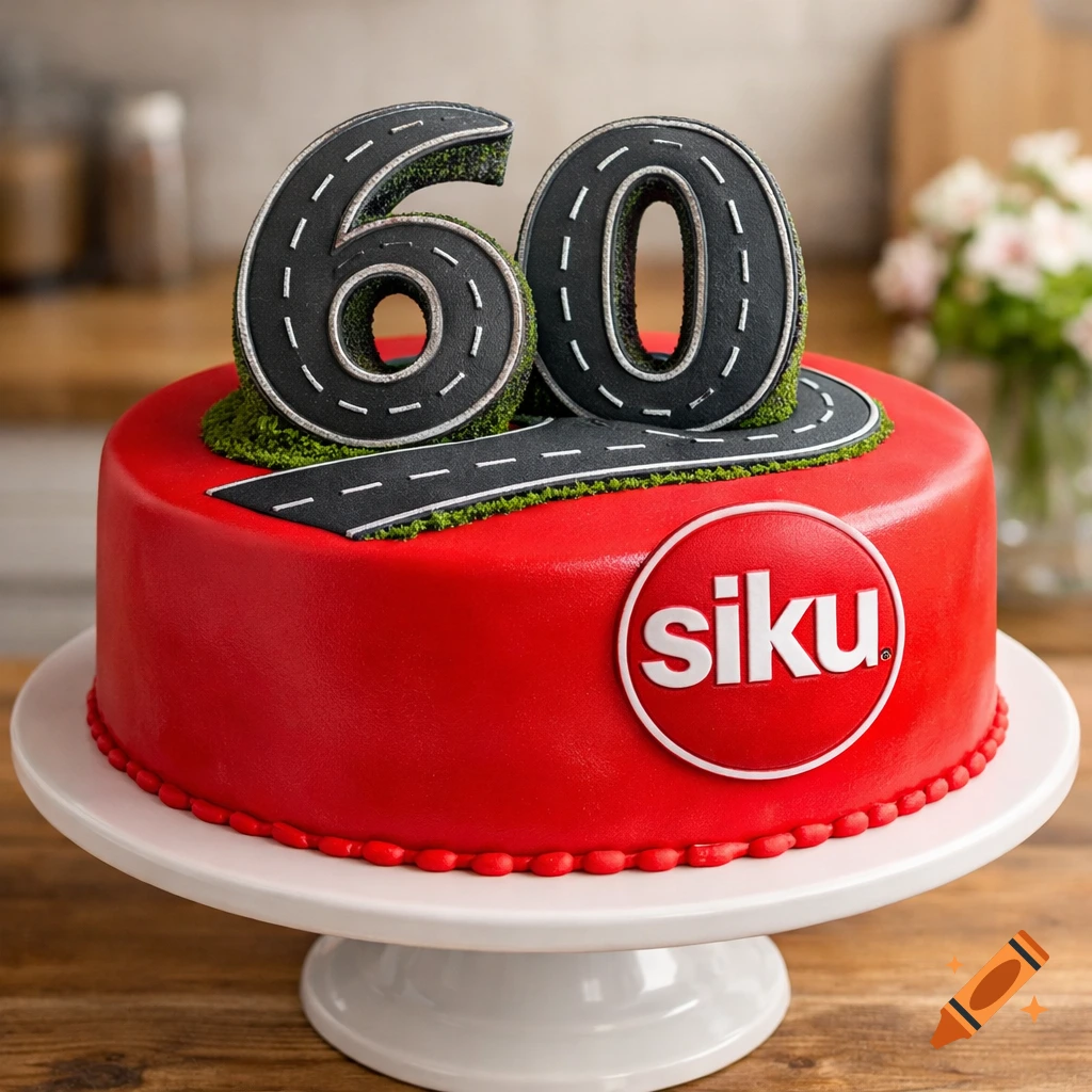 A red fondant cake on a white stand, decorated with a black road shaped like '60' and a white 'siku' logo.