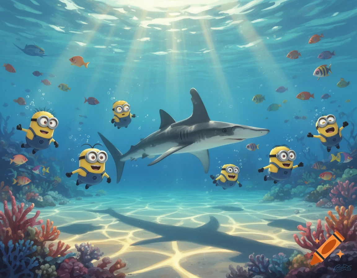 Cartoon Minions swimming playfully with a shark in a brightly lit underwater coral reef scene, surrounded by colorful fish.