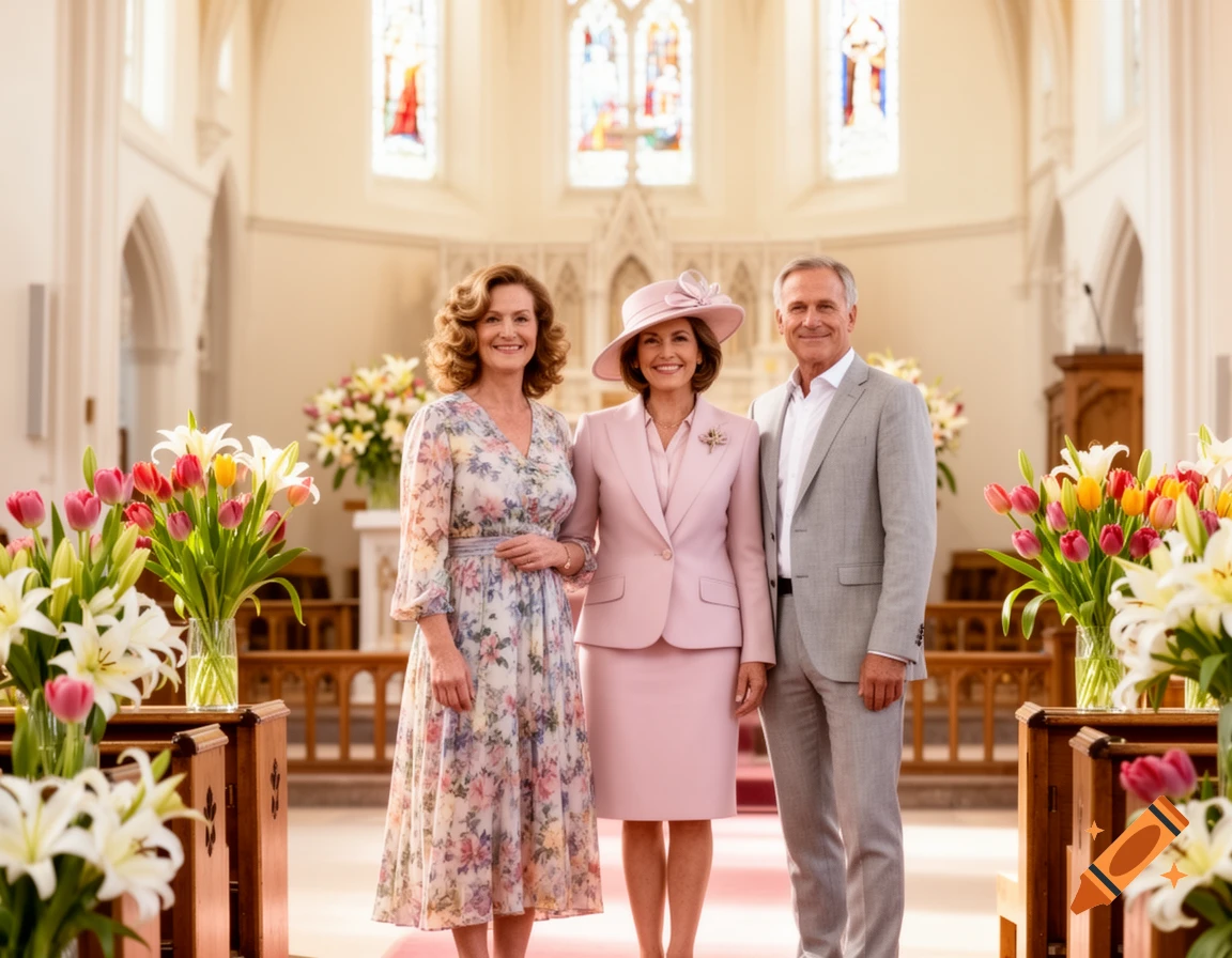 Two smiling women in spring attire and a man in a suit stand in a flower-decorated church.