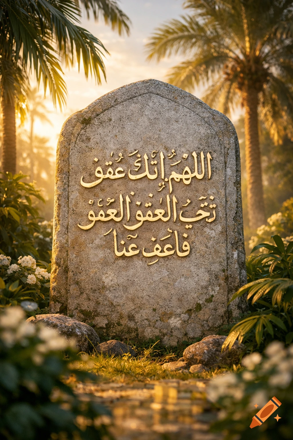 Stone tablet with gold Arabic script, "O Allah, You are forgiving, You love forgiveness, so forgive us," amidst palm trees and greenery at sunset, photorealistic.