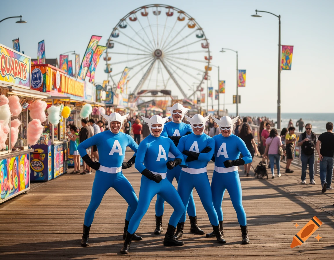 A group of people dressed as The Aquabats (blue suits with white 'A', white helmets) pose on a wooden boardwalk. A Ferris wheel and amusement park stalls are in the sunny background.