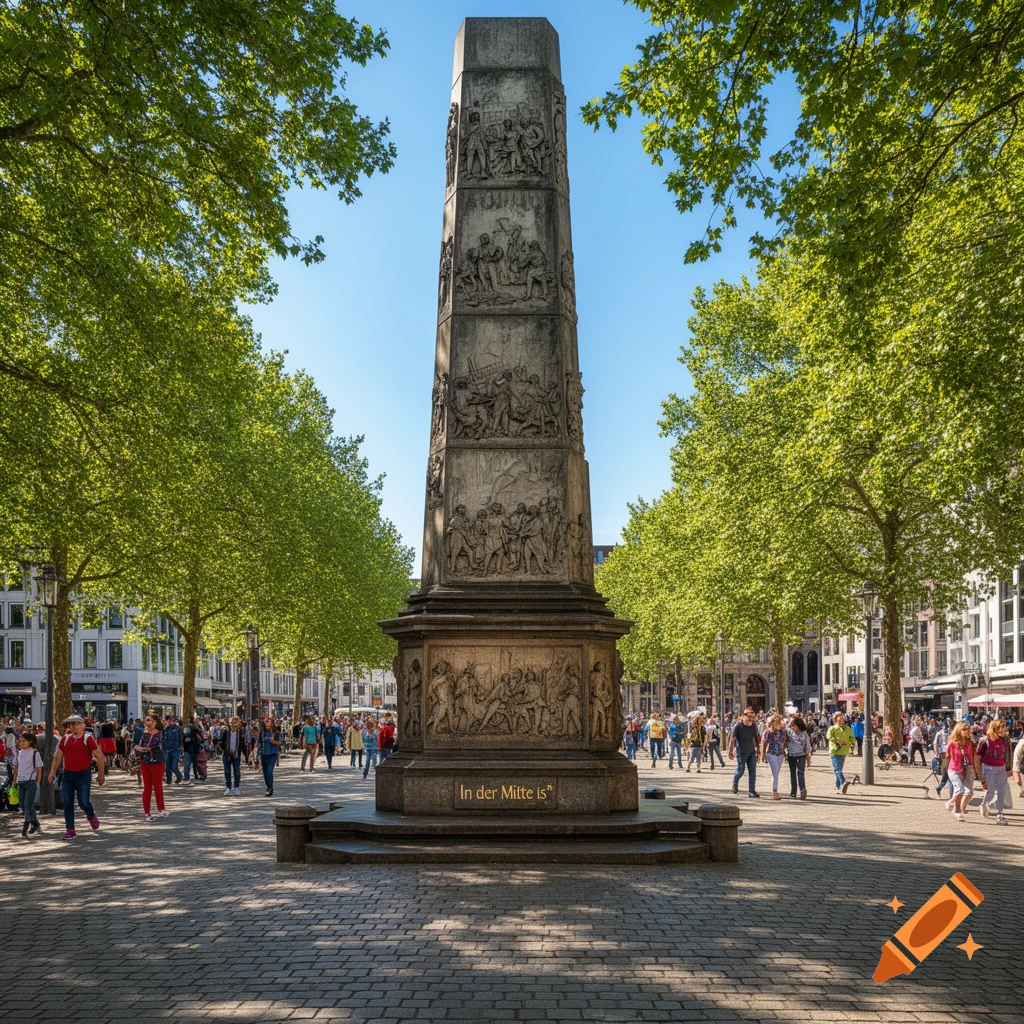 A tall, ornate stone monument stands in a sunny public square with green trees and many people walking. The monument's base reads 'In der Mitte is'.