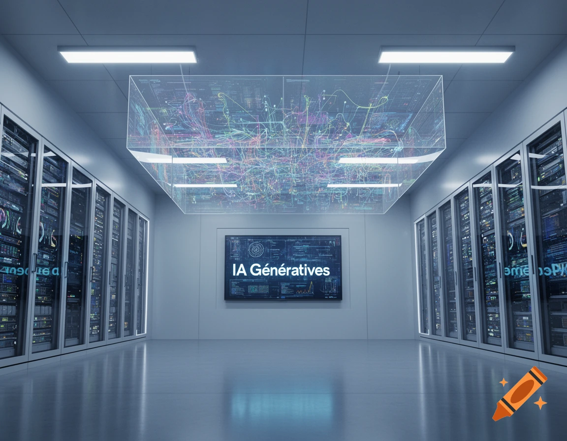 A futuristic server room with rows of racks, a central screen showing 'IA Génératives', and a large holographic data visualization display overhead.