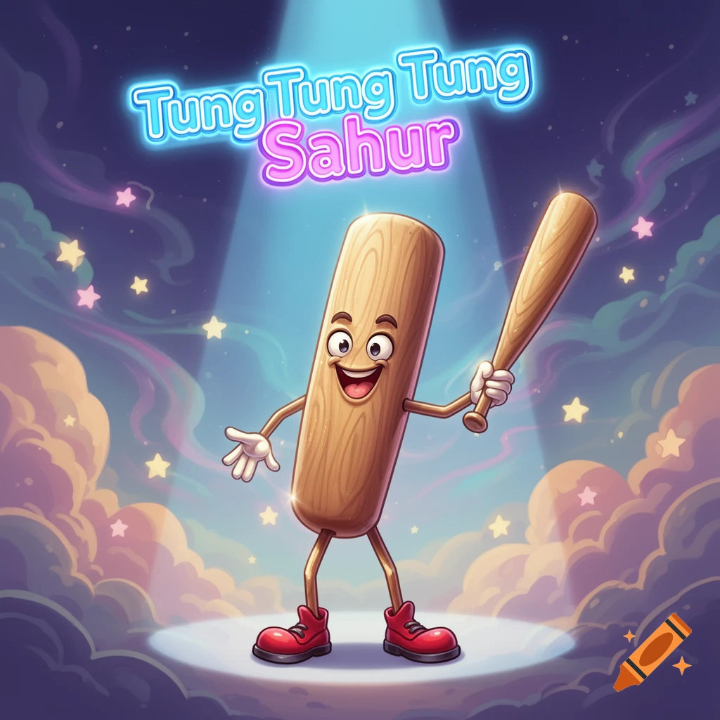 A smiling cartoon baseball bat character holds a smaller bat on a stage with glowing text 'Tung Tung Tung Sahur', clouds, and stars.