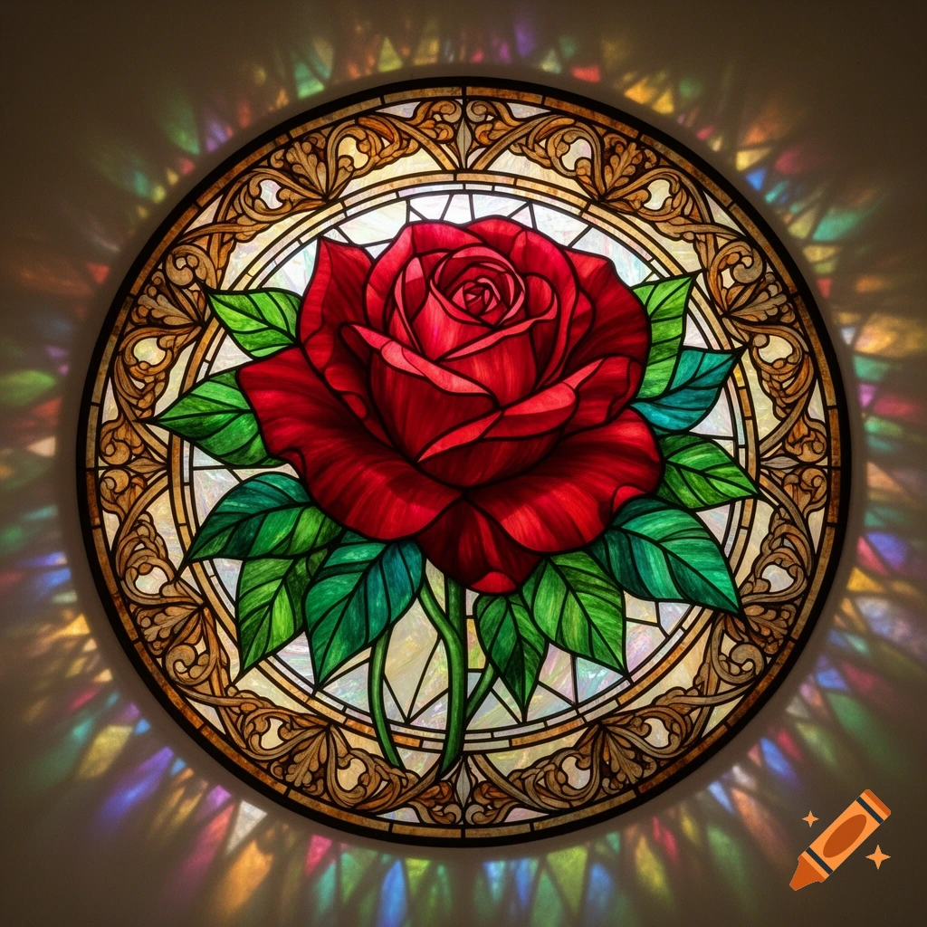 Circular stained glass window featuring a red rose with green leaves and an ornate border, casting colorful light reflections.