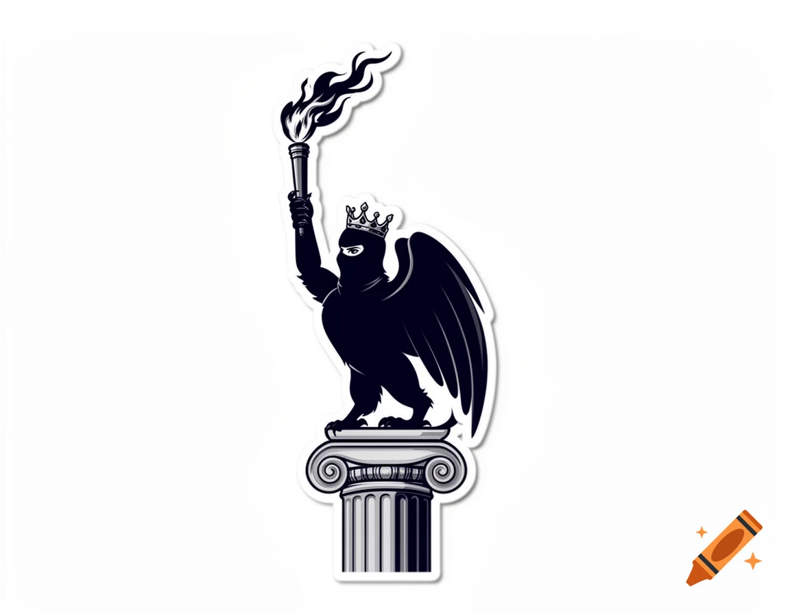 Solid dark navy blue silhouette of a winged griffon wearing a balaclava and crown, holding a burning torch, standing on an Ionic pillar. Sticker style.