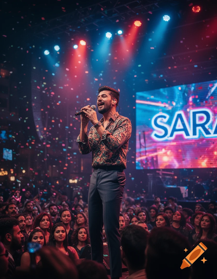 A male singer on stage, illuminated by red and blue lights, with confetti falling over a cheering crowd, and "SARA" displayed on a screen.