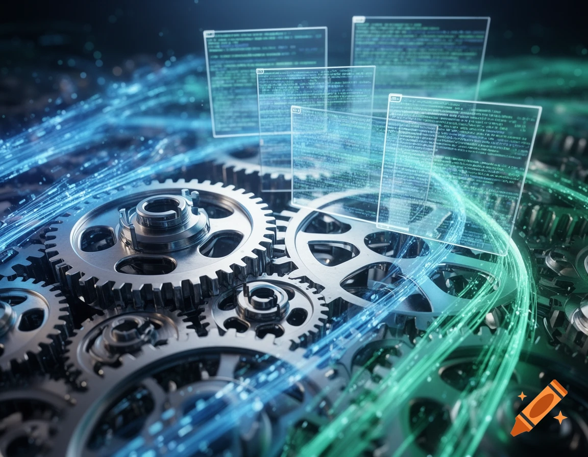 Close-up of metallic gears intertwined with glowing blue and green data streams and transparent screens displaying code, illustrating interconnected technology.